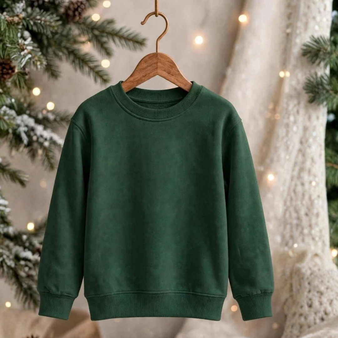 Kids Solid Forest Green Minimalist Fleece Sweatshirt | Casual Winter Wear