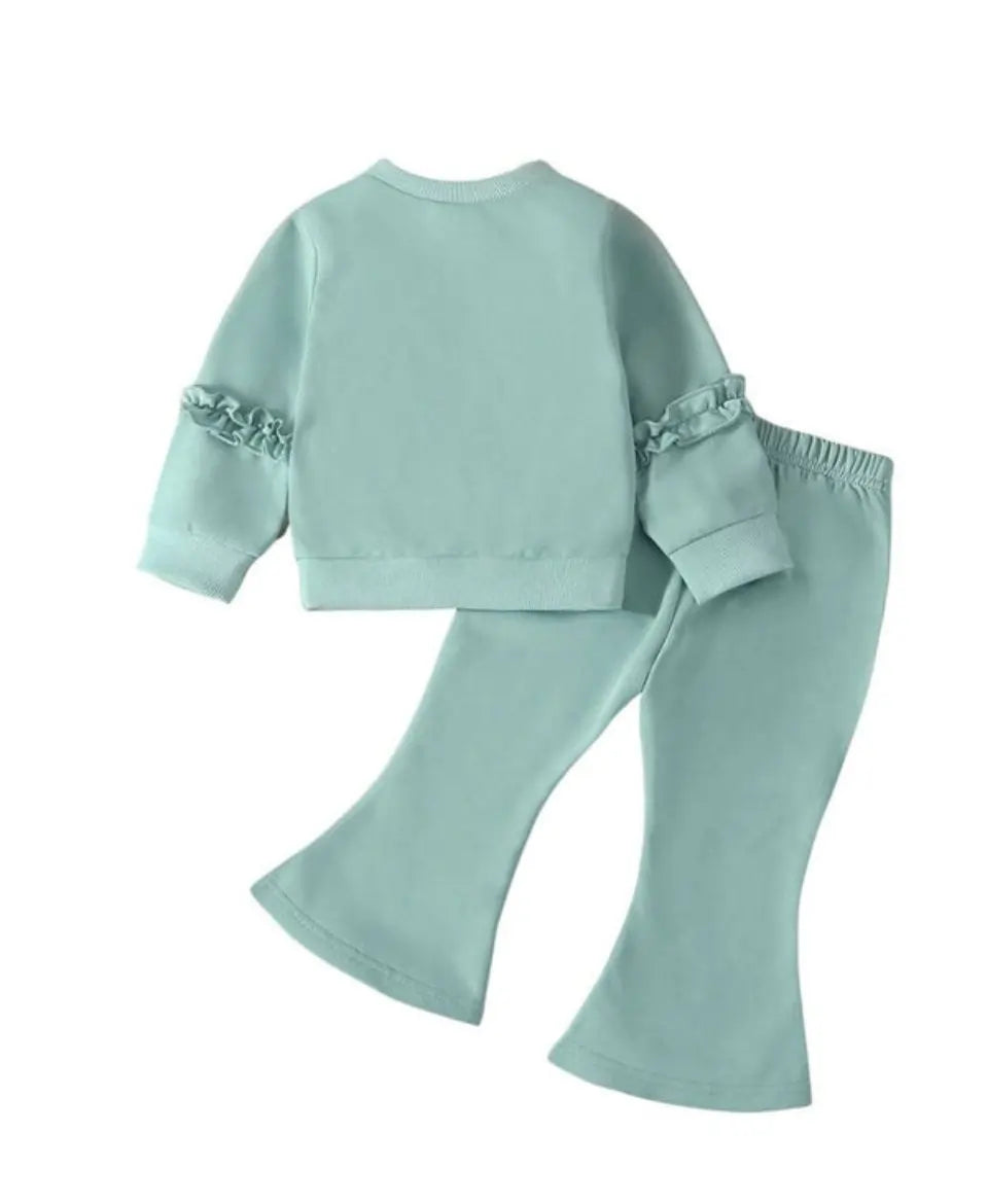 Light blue children's sweatshirt and pants set on a white background