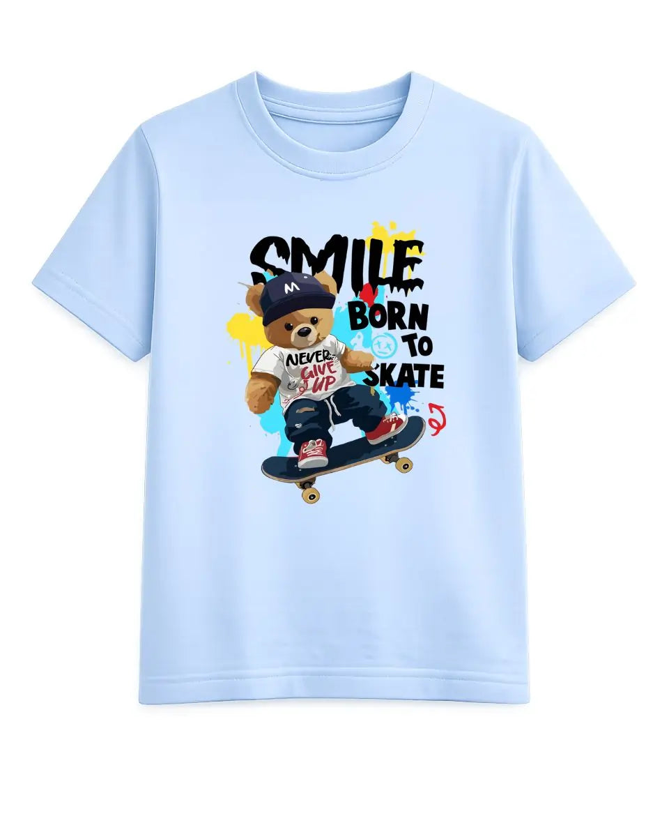 Light blue t-shirt with a bear graphic and text on a white background