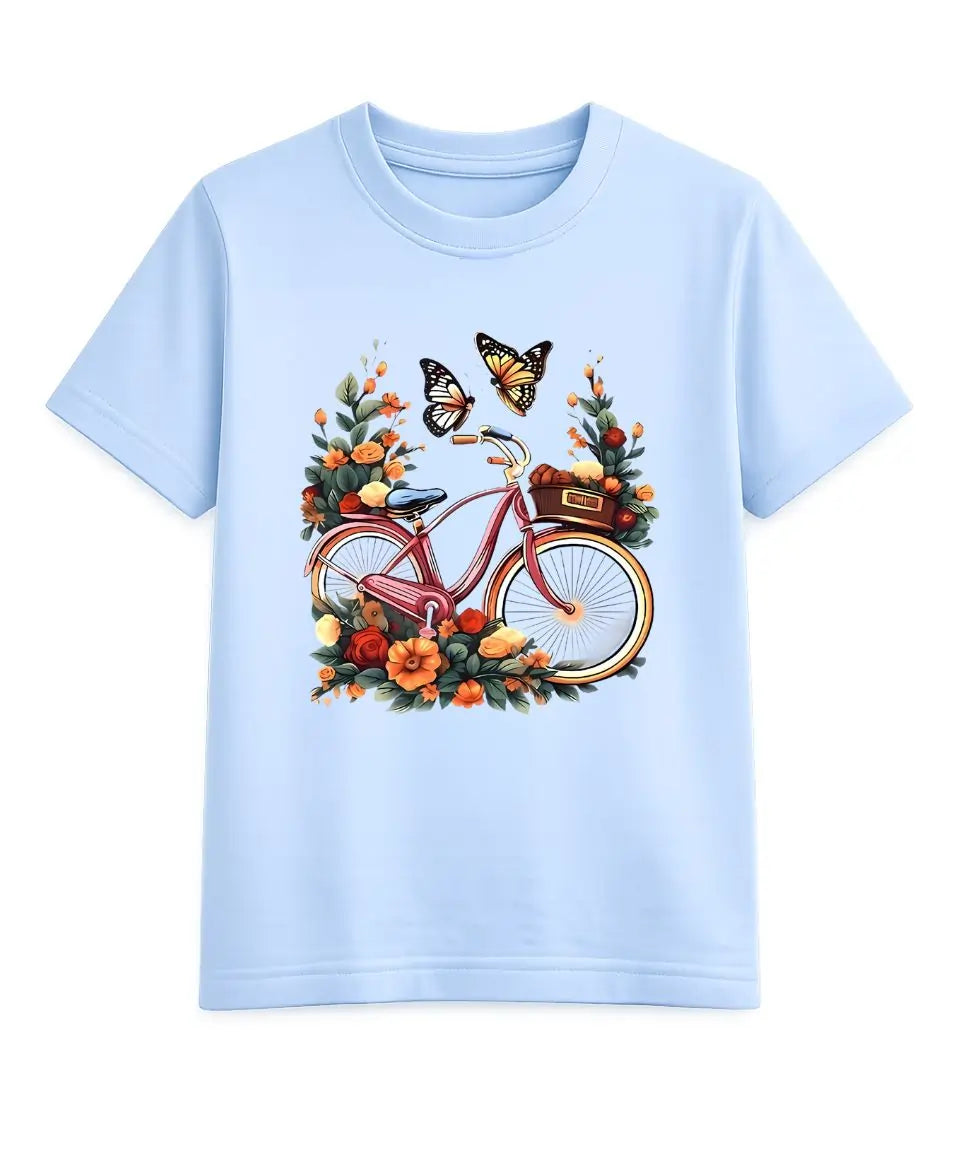 Light blue t-shirt with a bicycle and butterfly graphic on a white background