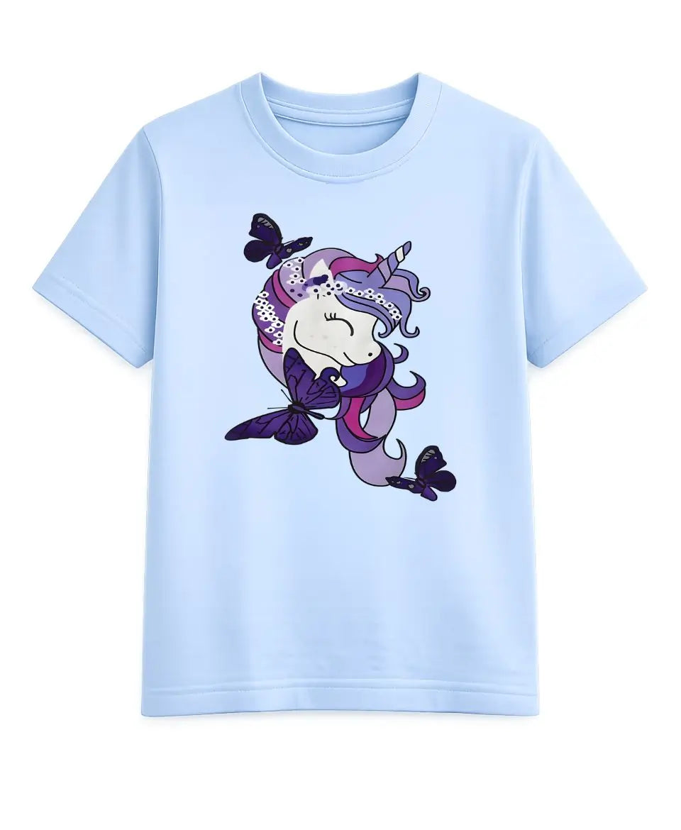 Light blue t-shirt with a cartoon mermaid design on a white background