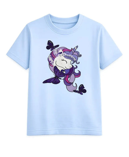 Light blue t-shirt with a cartoon mermaid design on a white background