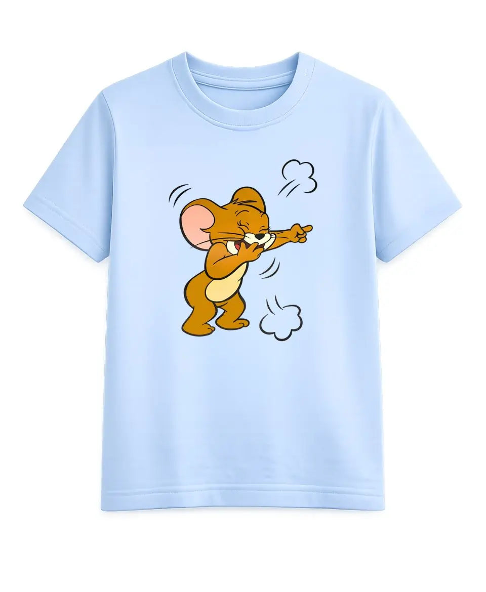 Light blue t-shirt with a cartoon mouse design on a white background