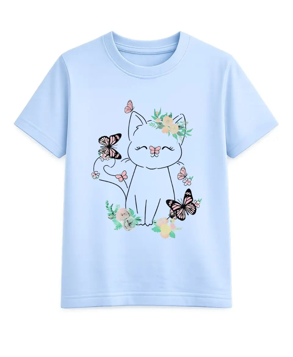 Light blue t-shirt with a cat and butterfly design on a white background