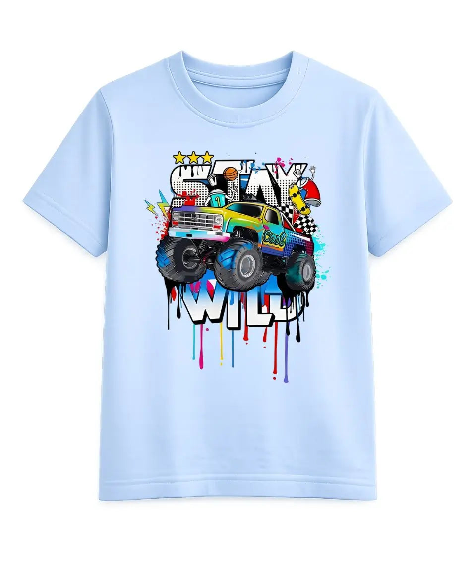 Light blue t-shirt with a colorful monster truck graphic on a white background