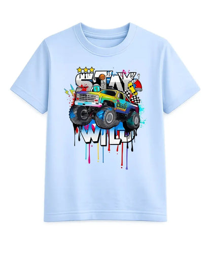Light blue t-shirt with a colorful monster truck graphic on a white background
