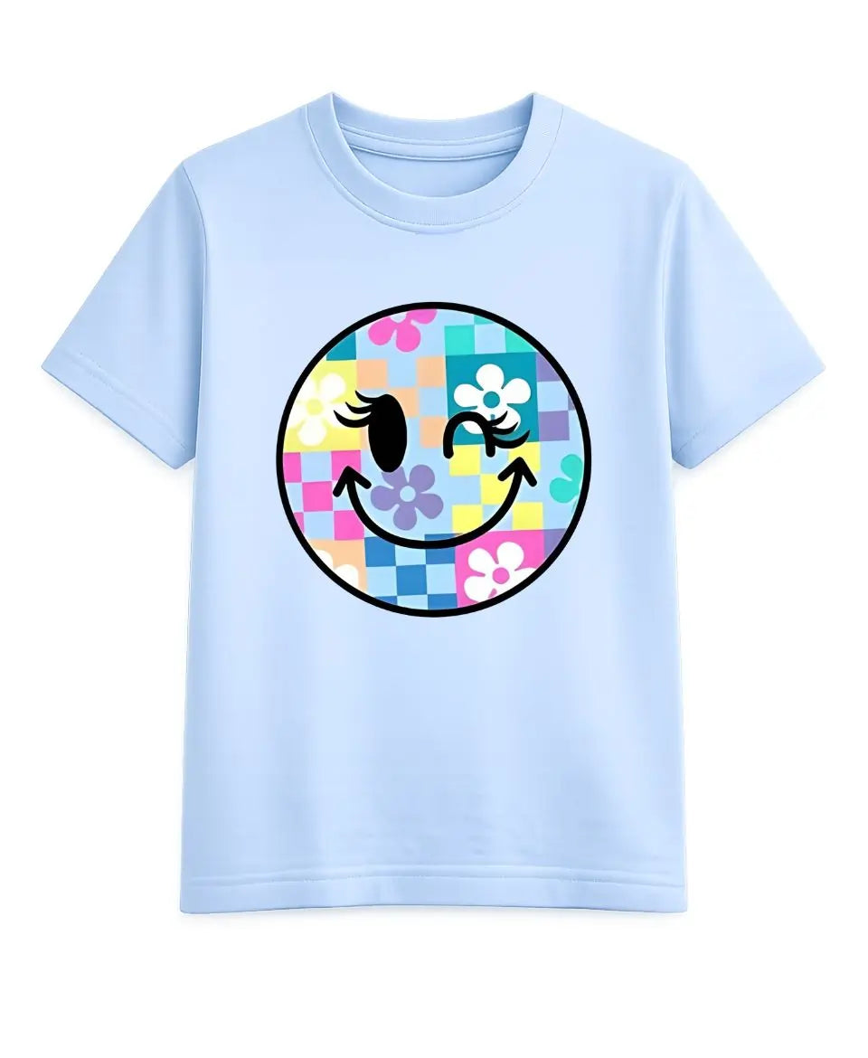 Light blue t-shirt with a colorful smiley face design on a white background