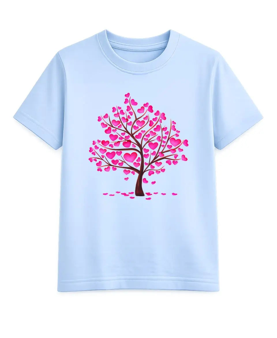 Light blue t-shirt with a pink heart tree design on a white background