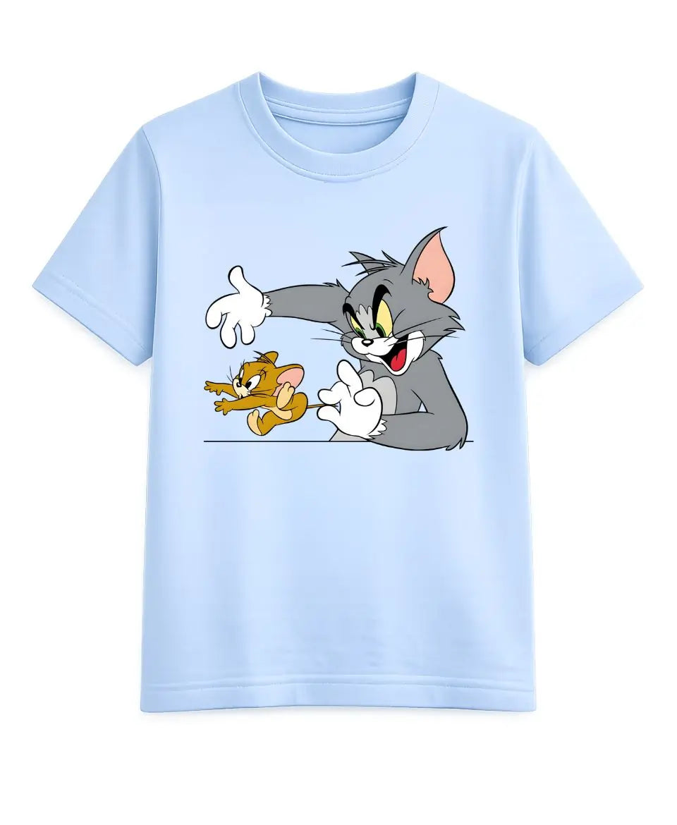Light blue t-shirt with cartoon character design on a white background