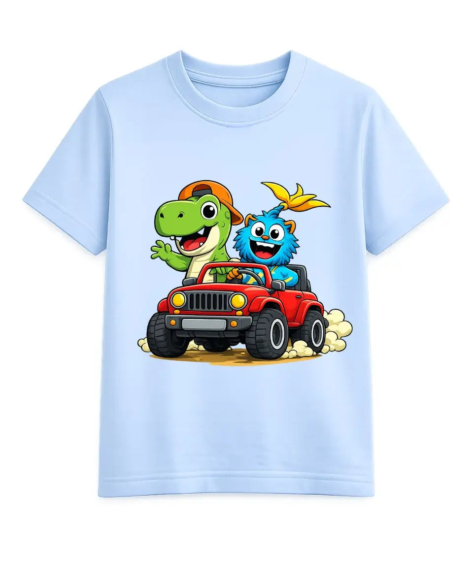 Light blue t-shirt with cartoon characters driving a red jeep on a white background