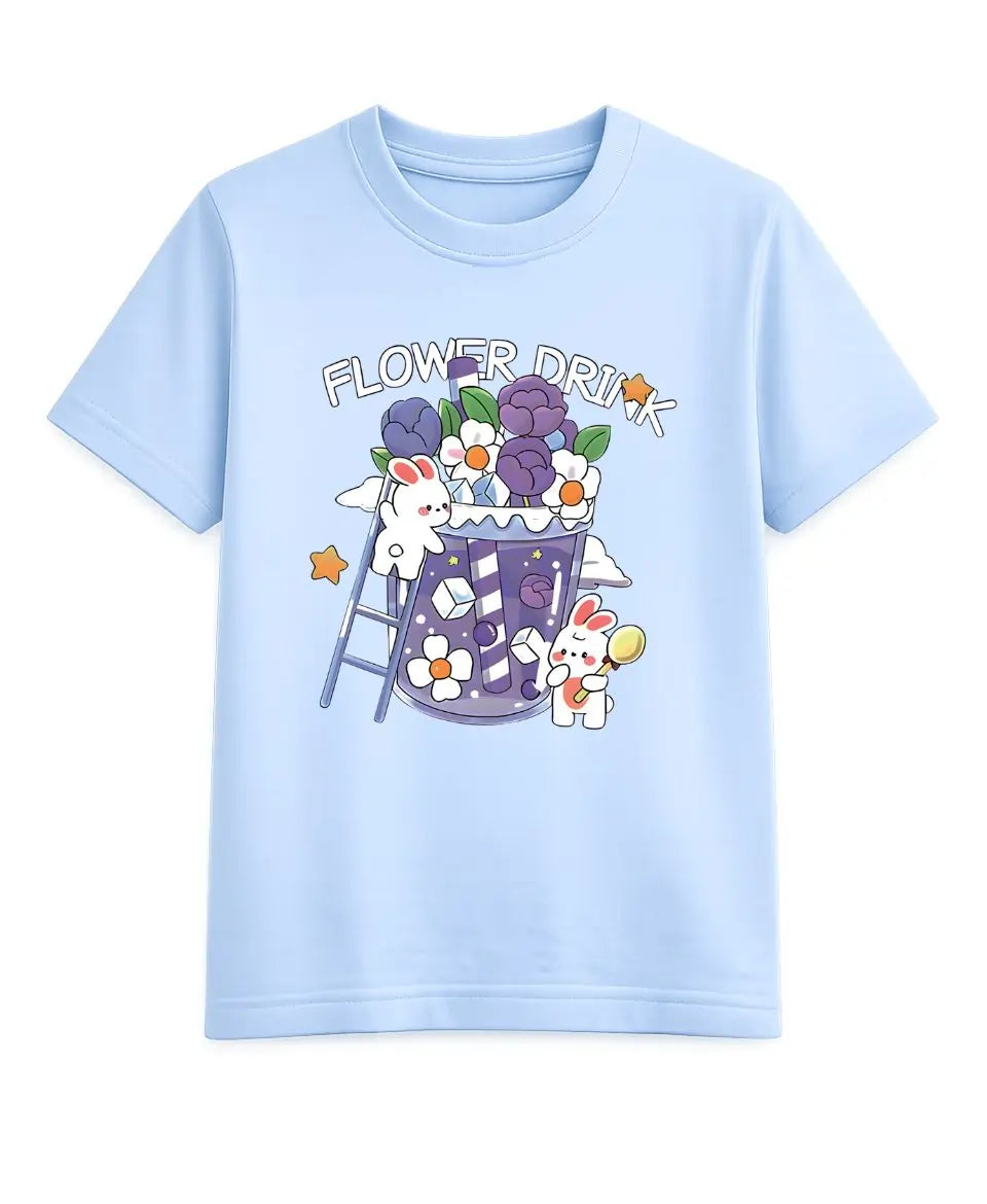 Light blue t-shirt with cartoon design of a drink with flowers and text 'FLOWER DRINK' on a white background.
