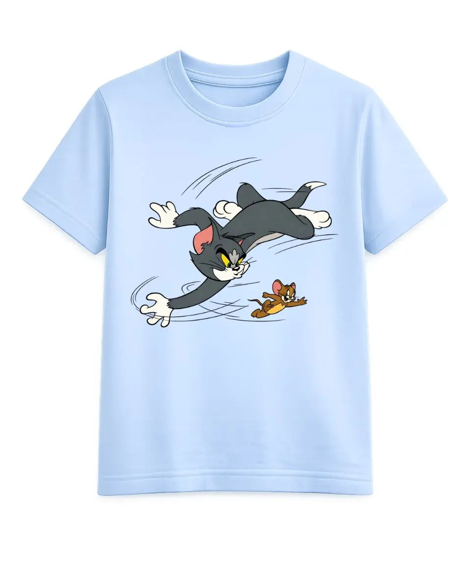 Light blue t-shirt with cartoon graphic of a cat and mouse on a white background