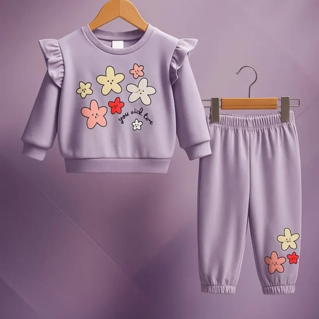 Girls Fleece Sweatshirt & Trouser Set – Lilac Flower Print