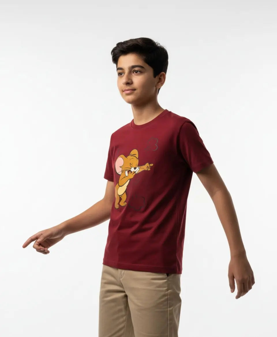Person wearing a maroon t-shirt with a cartoon character on a white background