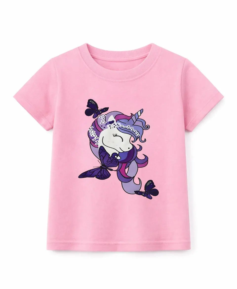 Pink t-shirt with a cartoon unicorn design on a white background