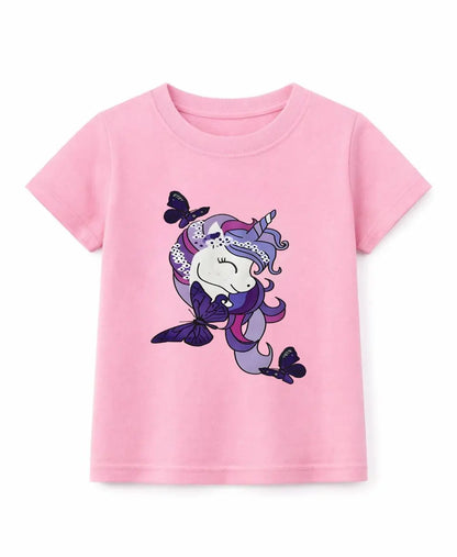 Pink t-shirt with a cartoon unicorn design on a white background