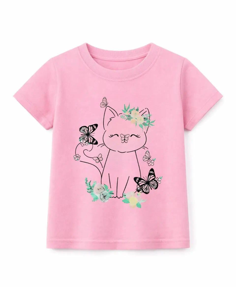 Pink t-shirt with a cat and butterfly design on a white background
