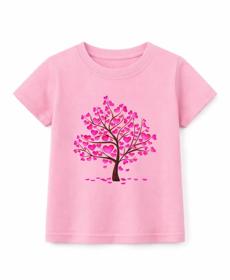 Pink t-shirt with a heart-shaped tree design on a white background