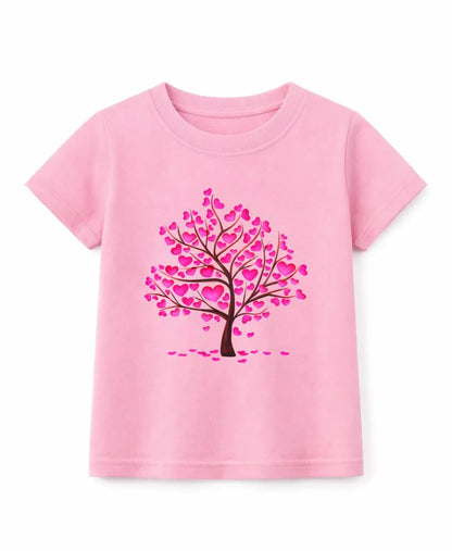 Pink t-shirt with a heart-shaped tree design on a white background