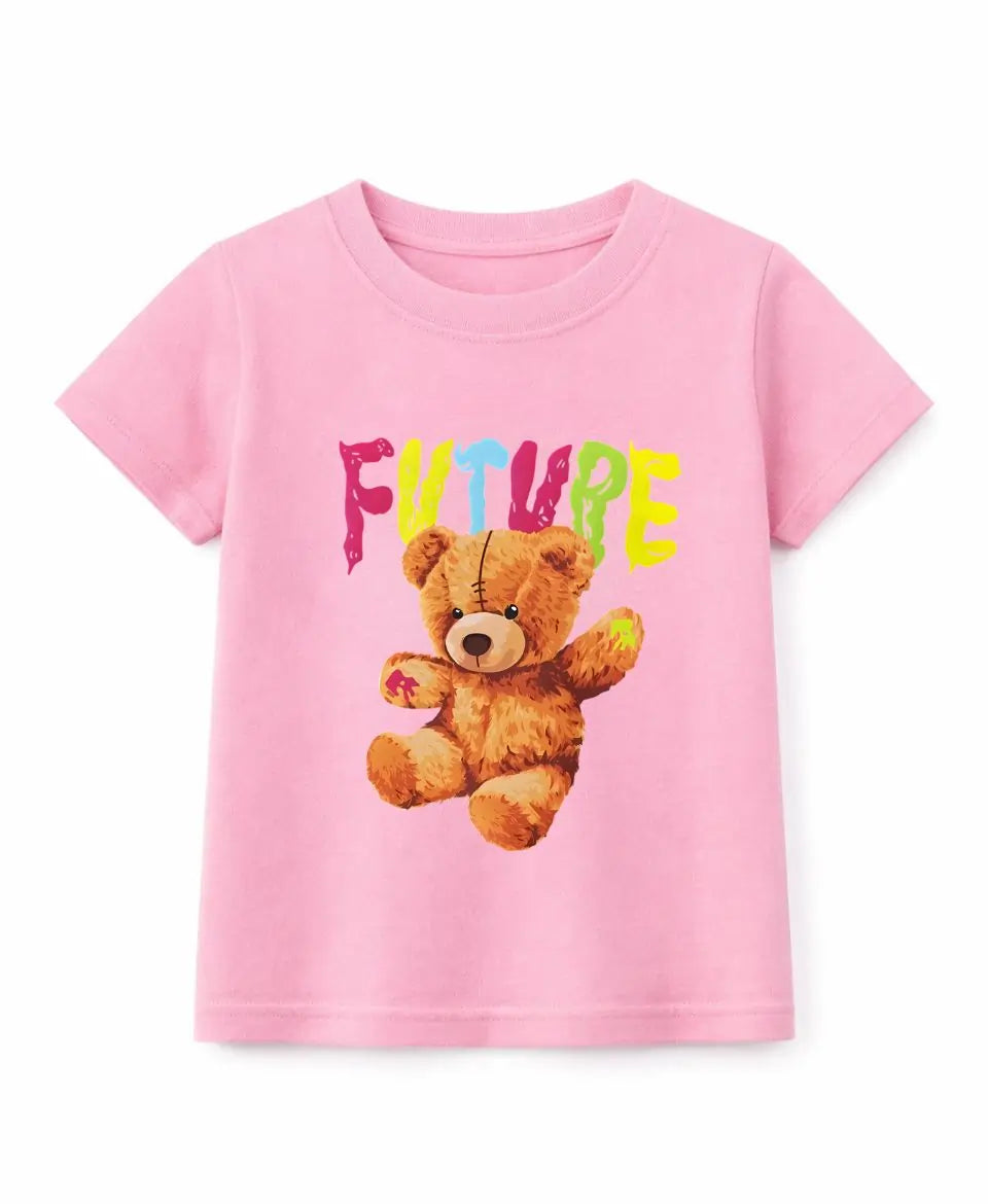 Pink t-shirt with a teddy bear graphic and 'FUTURE' text on a white background