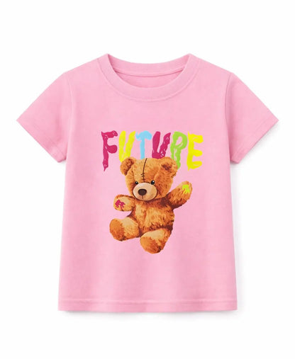 Pink t-shirt with a teddy bear graphic and 'FUTURE' text on a white background