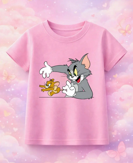 Pink t-shirt with cartoon character design on a pastel background