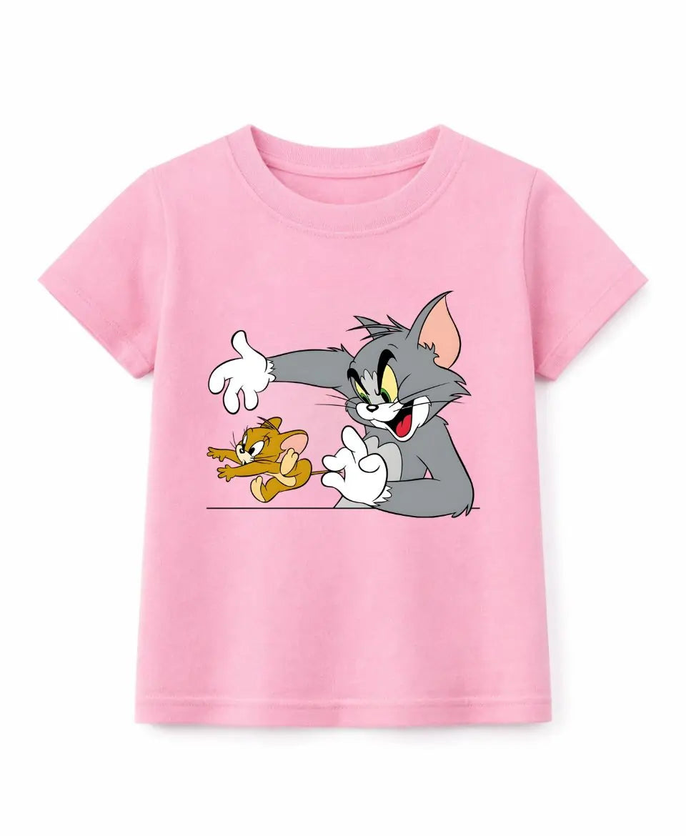 Pink t-shirt with cartoon characters on a white background