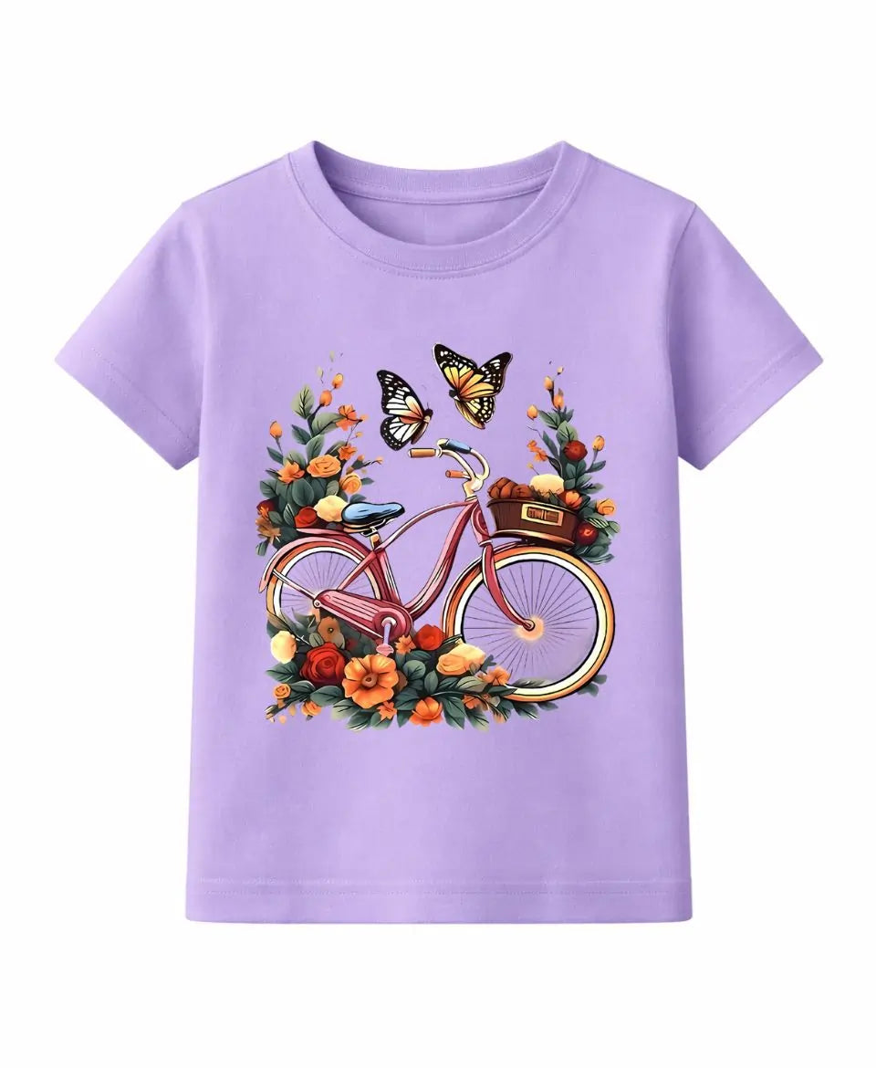 Purple t-shirt with a bicycle and floral design on a white background