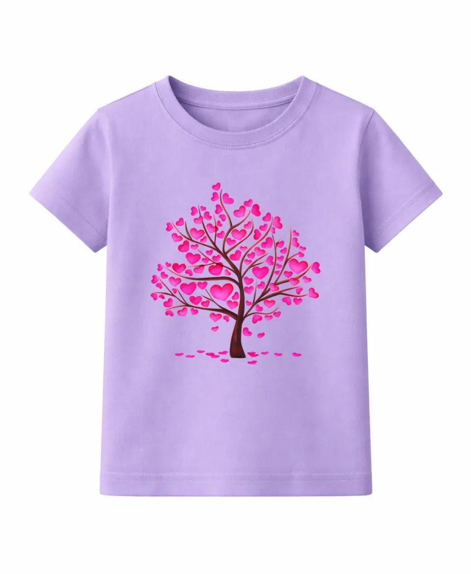 Purple t-shirt with a pink heart-shaped tree design on a white background