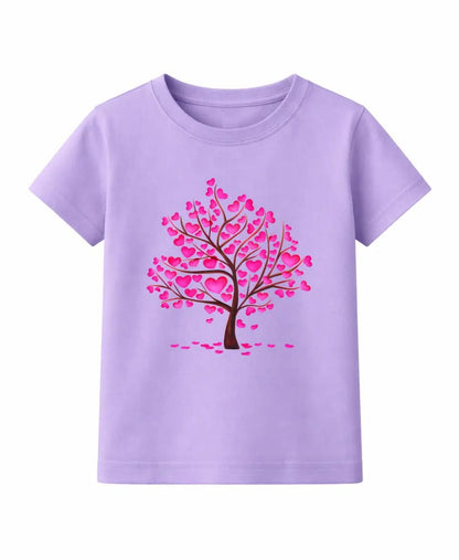 Purple t-shirt with a pink heart-shaped tree design on a white background