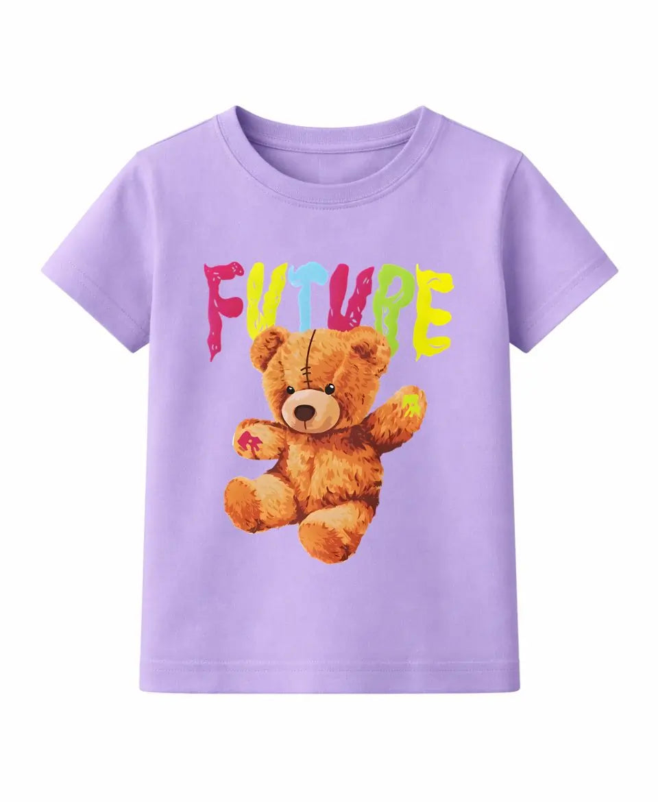 Purple t-shirt with a teddy bear graphic and colorful 'FUTURE' text on a white background