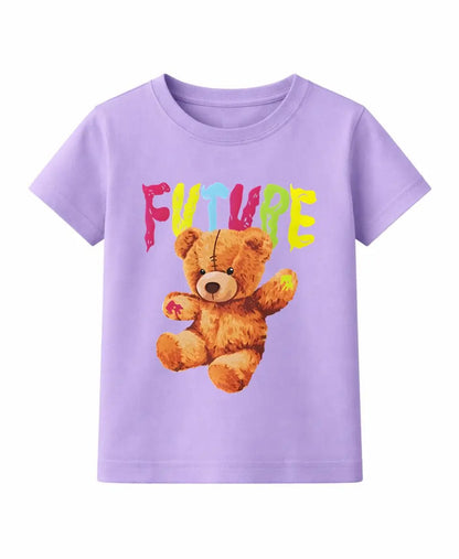Purple t-shirt with a teddy bear graphic and colorful 'FUTURE' text on a white background