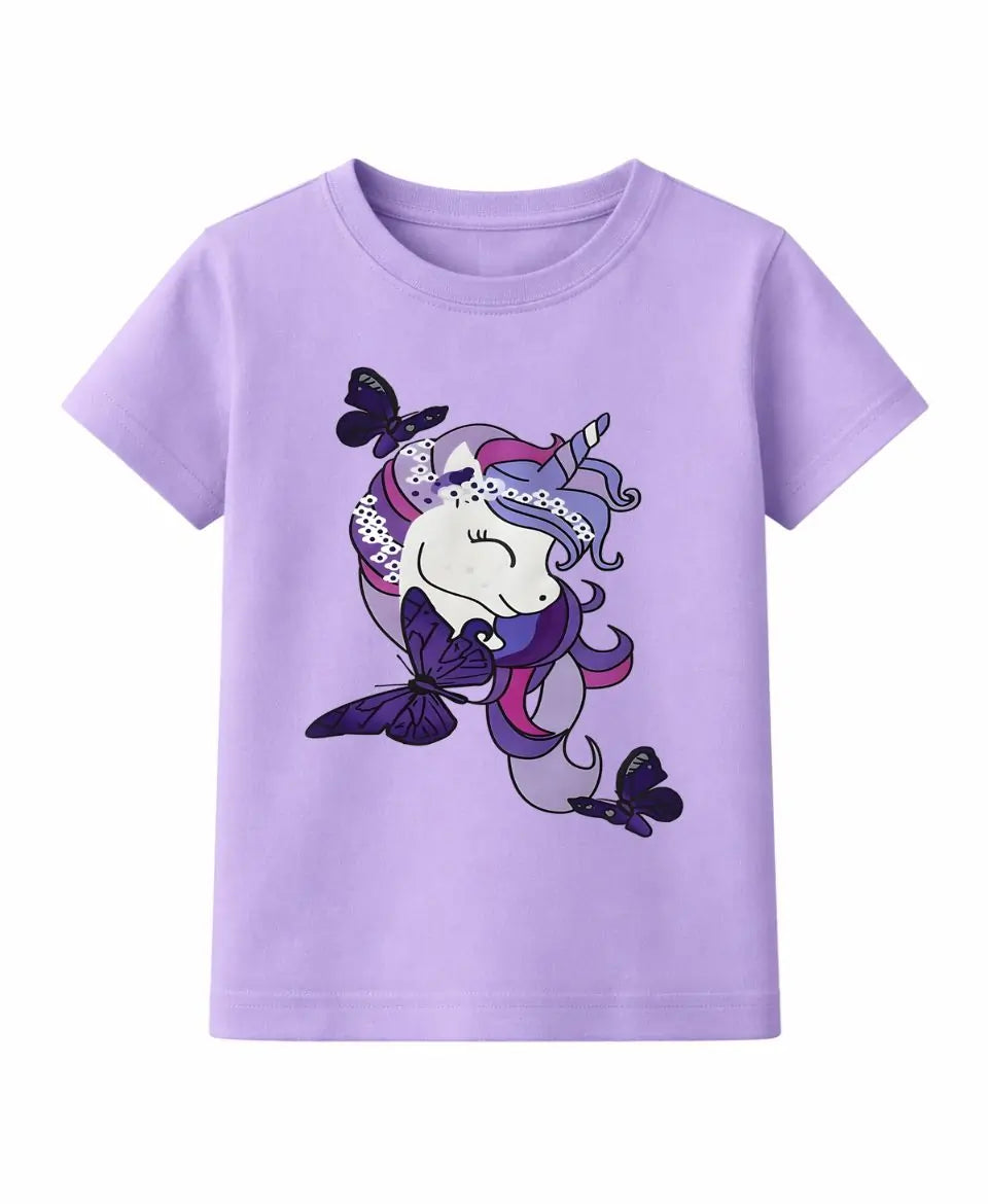 Purple t-shirt with a unicorn and butterfly design on a white background