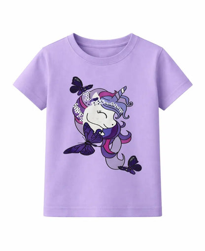Purple t-shirt with a unicorn and butterfly design on a white background