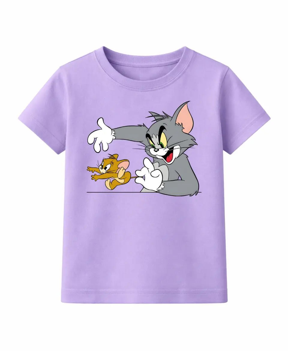 Purple t-shirt with cartoon characters on a white background
