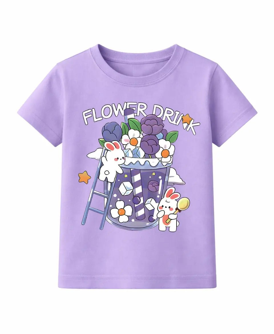 Purple t-shirt with cartoon design of a rabbit, flowers, and a drink on a white background