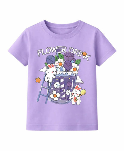 Purple t-shirt with cartoon design of a rabbit, flowers, and a drink on a white background