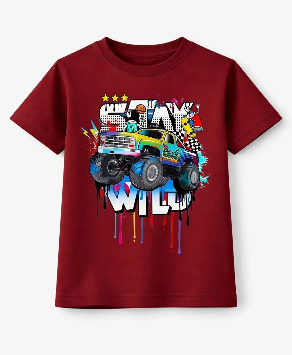 Red t-shirt with a colorful monster truck graphic and 'Stay Wild' text on a white background