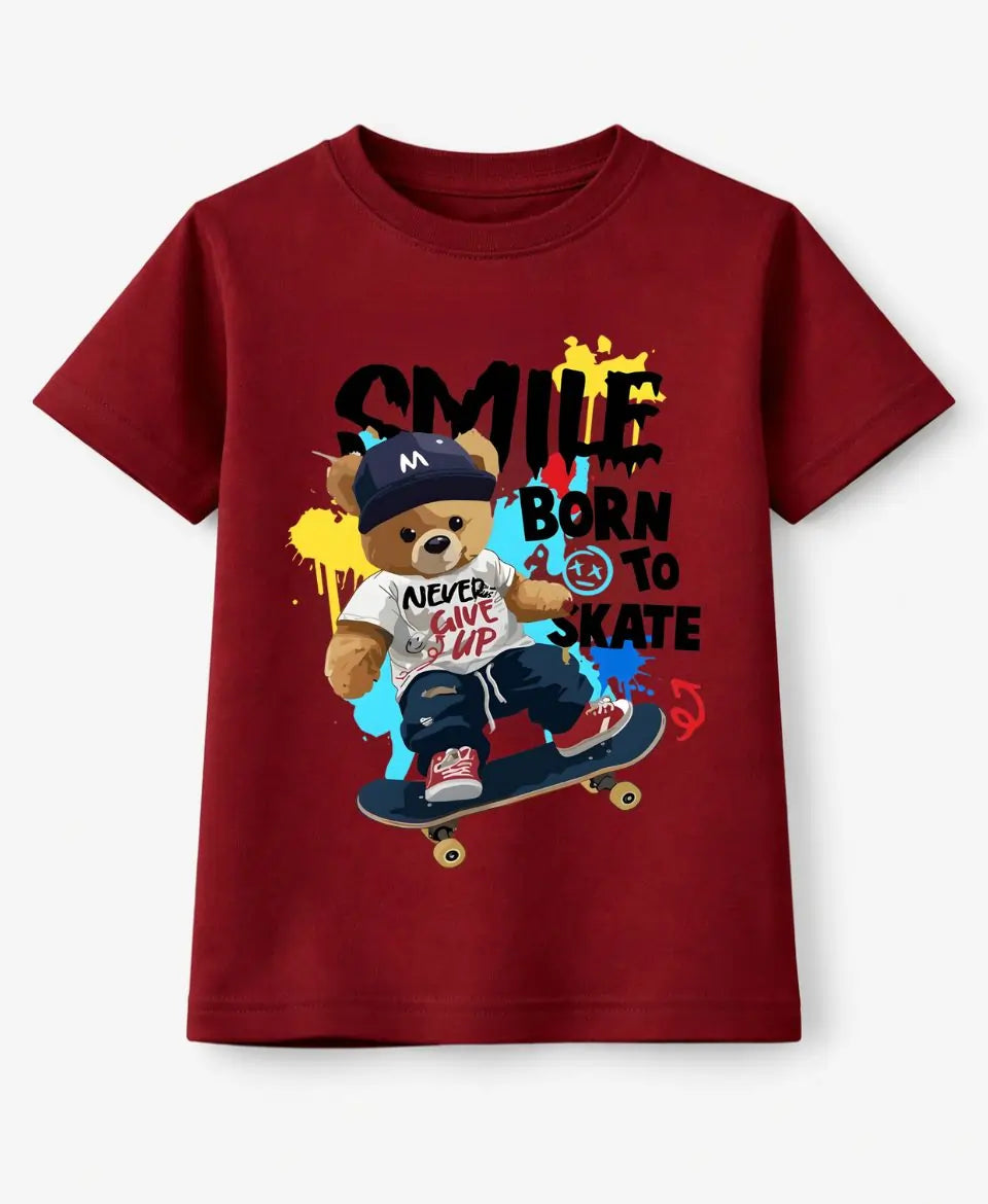 Red t-shirt with a bear graphic and text on a white background