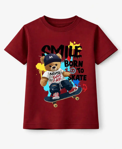 Red t-shirt with a bear graphic and text on a white background