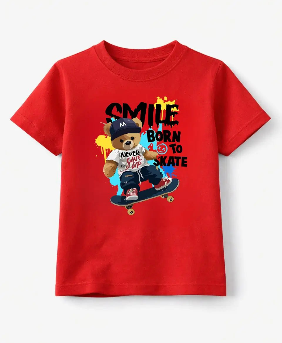 Red t-shirt with a bear graphic and text on a white background