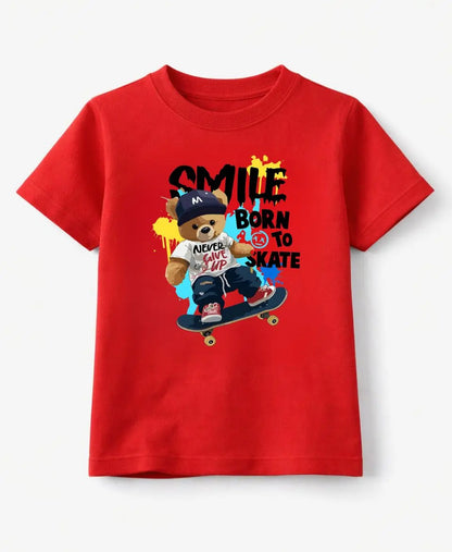 Red t-shirt with a bear graphic and text on a white background