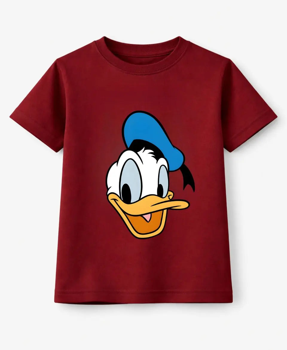 Red t-shirt with a cartoon character face on a white background