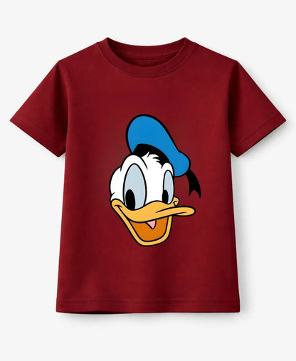 Red t-shirt with a cartoon character face on a white background