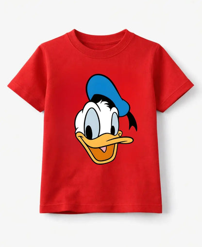 Red t-shirt with a cartoon character face on a white background
