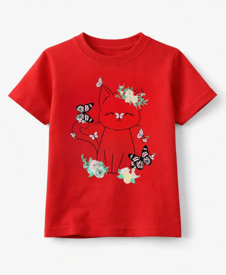 Red t-shirt with a cat and butterfly design on a white background
