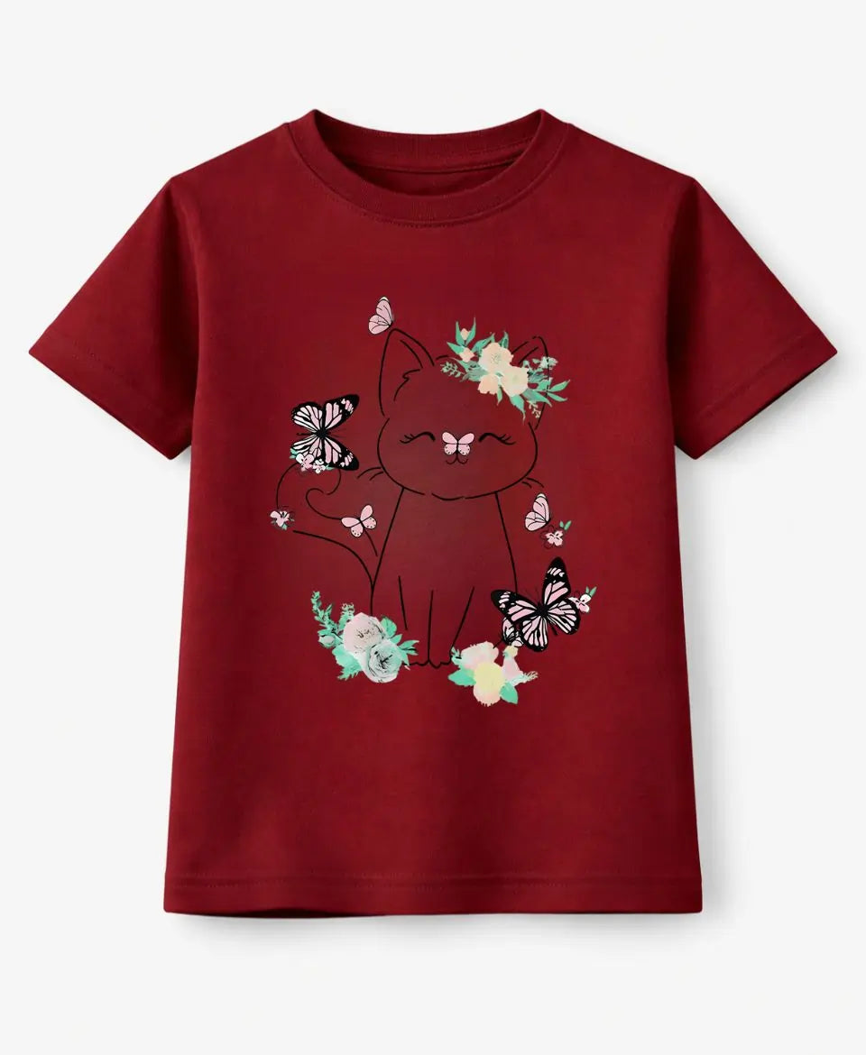 Red t-shirt with a cat and floral design on a white background
