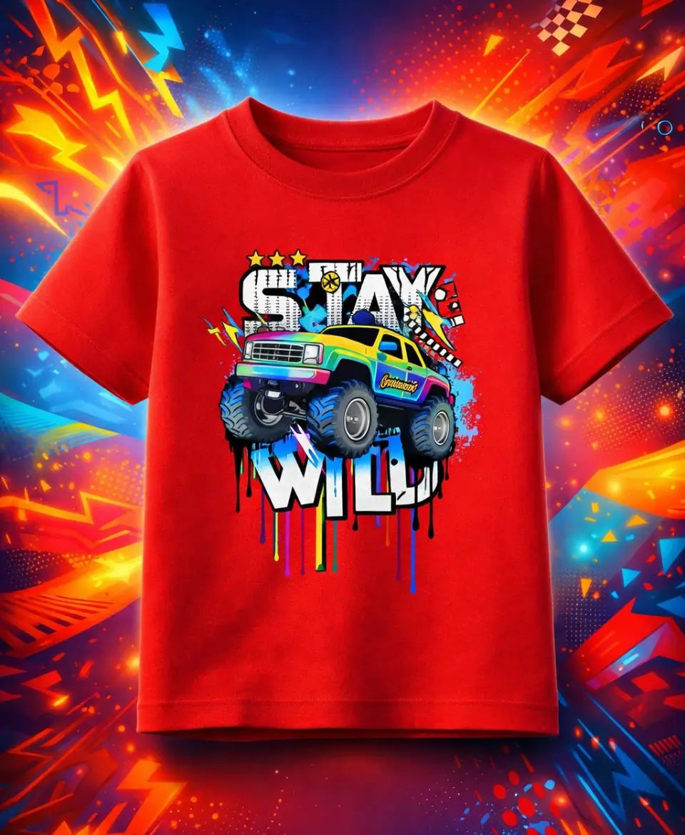 Red t-shirt with a colorful graphic of a monster truck and 'Stay Wild' text on a vibrant, abstract background.