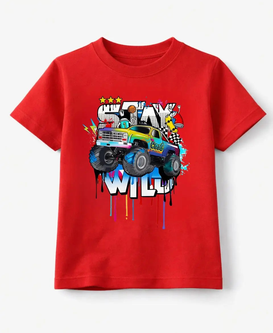 Red t-shirt with a colorful monster truck graphic on a white background