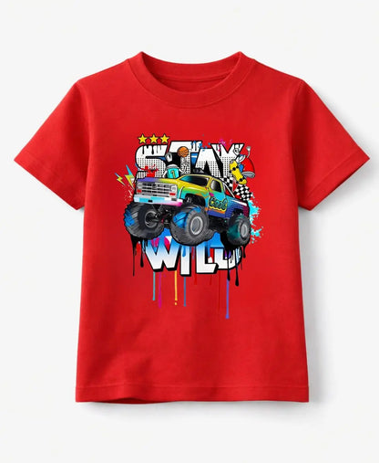 Red t-shirt with a colorful monster truck graphic on a white background